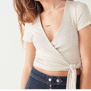 Urban Outfitters x Project Social T Tan Oatmeal Wrap Tie Crop Tee, size Medium